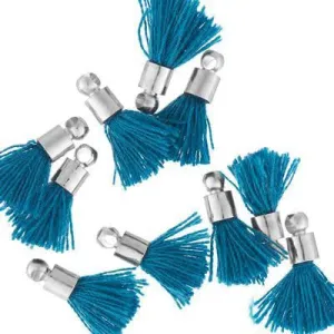 10mm Dark Teal Fabric Tassel with Silver Cap (10 Pieces)