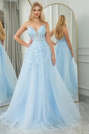 A Line Backless Tulle Prom Dress With Appliques