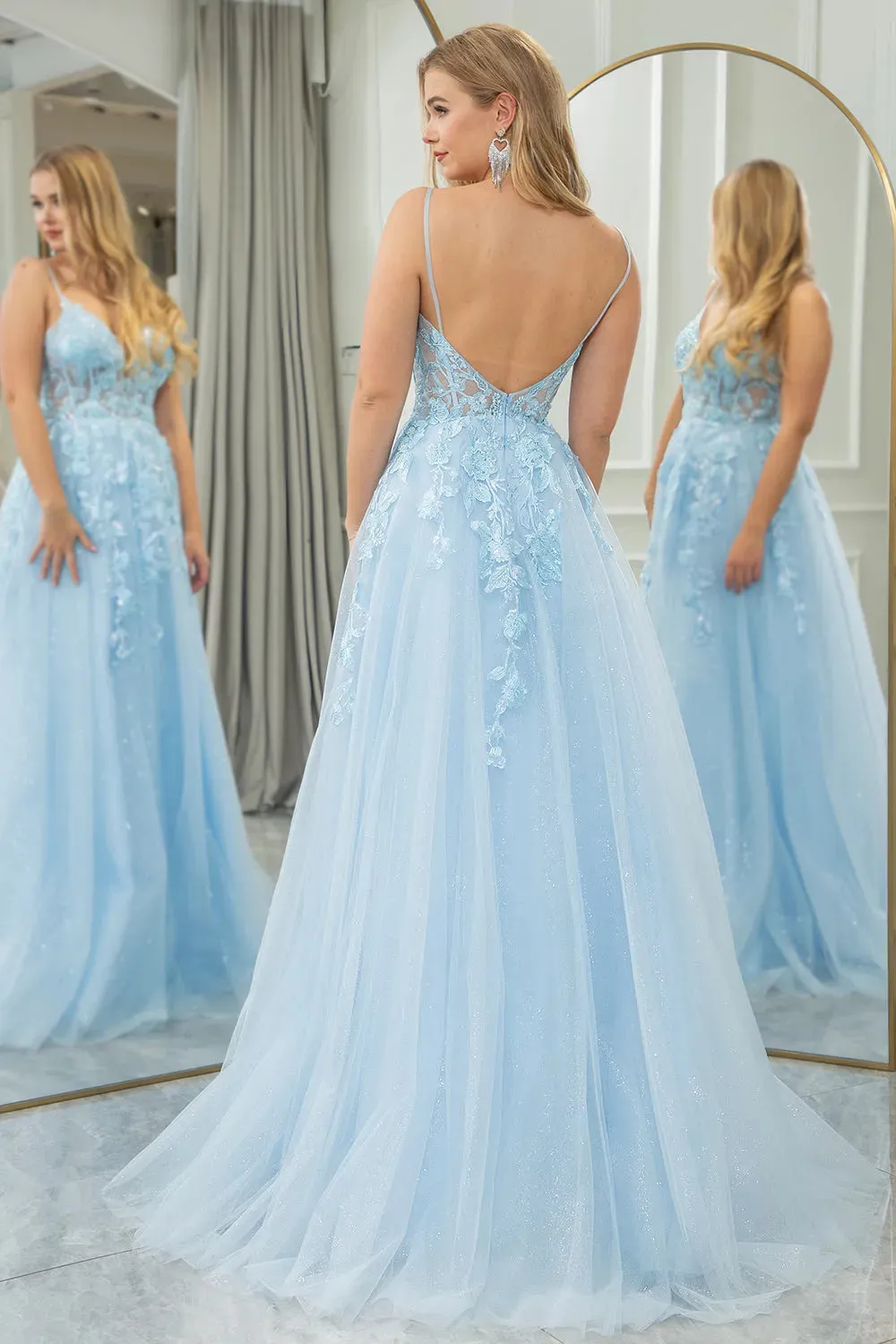 A Line Backless Tulle Prom Dress With Appliques