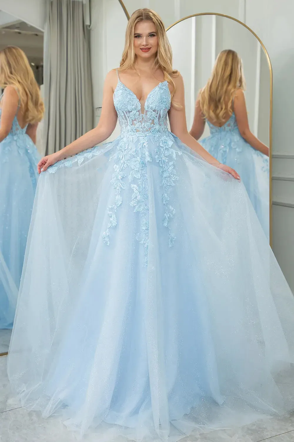 A Line Backless Tulle Prom Dress With Appliques