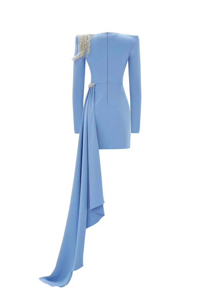 ASYMMETRIC EMBROIDERED MINI DRESS IN BLUE
