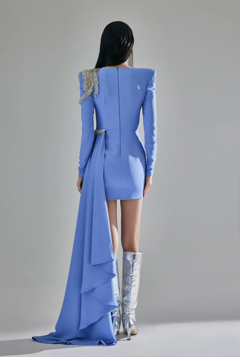 ASYMMETRIC EMBROIDERED MINI DRESS IN BLUE