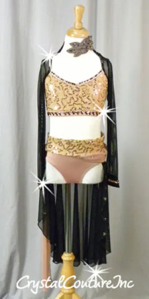 Blush and Nude Bra-Top/Trunk with Sheer Mesh Shrug and Skirt - Rhinestones