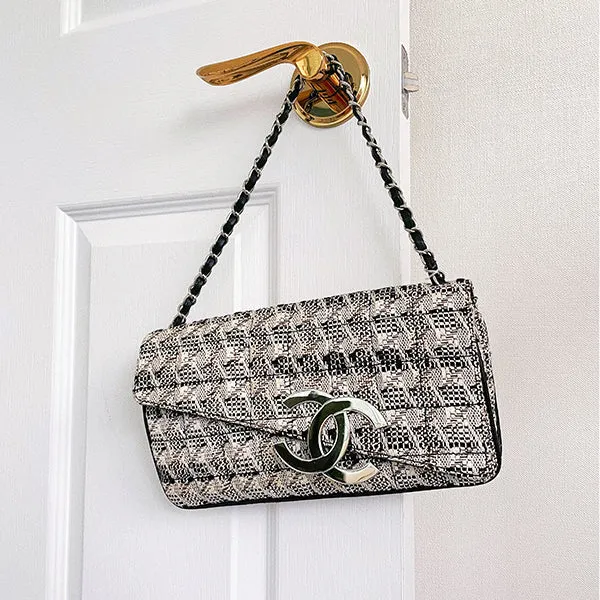Chanel Around 2005 Made Tweed Cc Mark Plate Chain Shoulder Bag Black/Multi