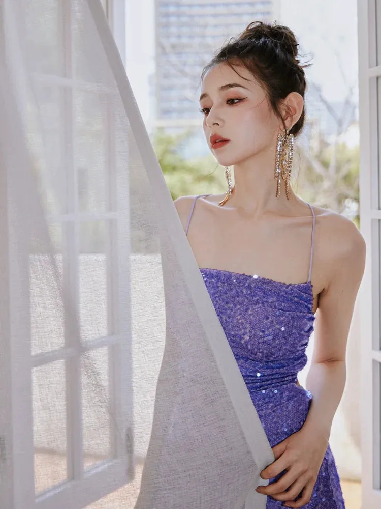 DOLLY Elegant Cross Strap Sleeveless Sequin Backless Long Suspender Party Dress-EVA