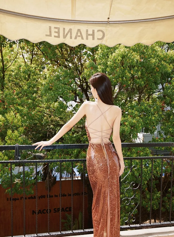 DOLLY Elegant Cross Strap Sleeveless Sequin Backless Long Suspender Party Dress-EVA