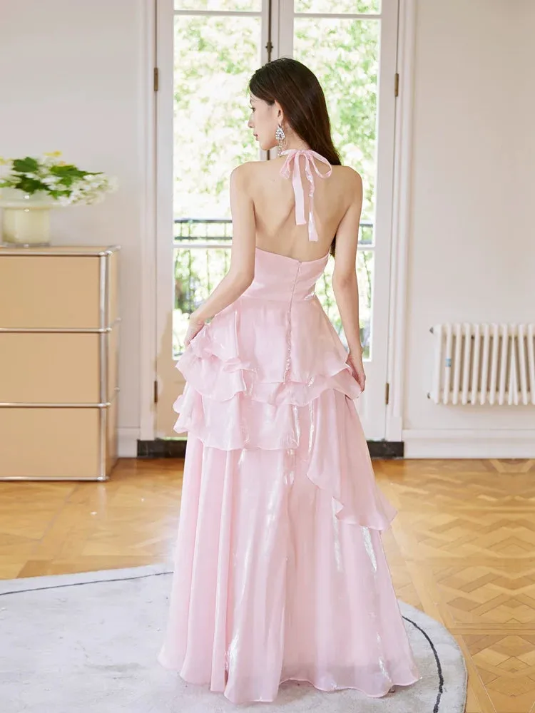 DOLLY Elegant Pink Ruffle Backless Sleeveless Long Halter Neck Banquet Dress-SHANTEL