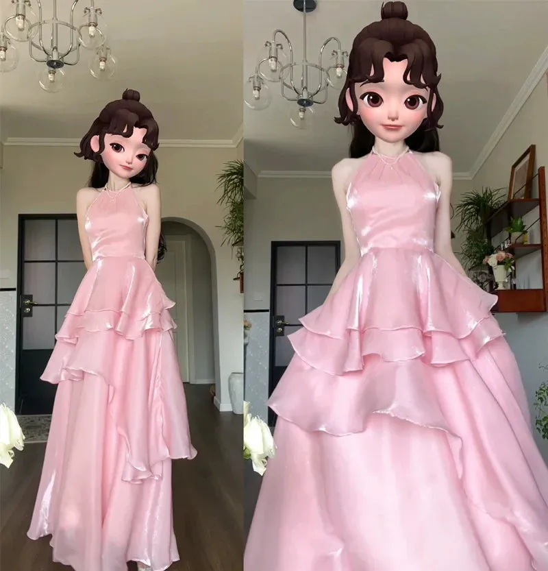 DOLLY Elegant Pink Ruffle Backless Sleeveless Long Halter Neck Banquet Dress-SHANTEL