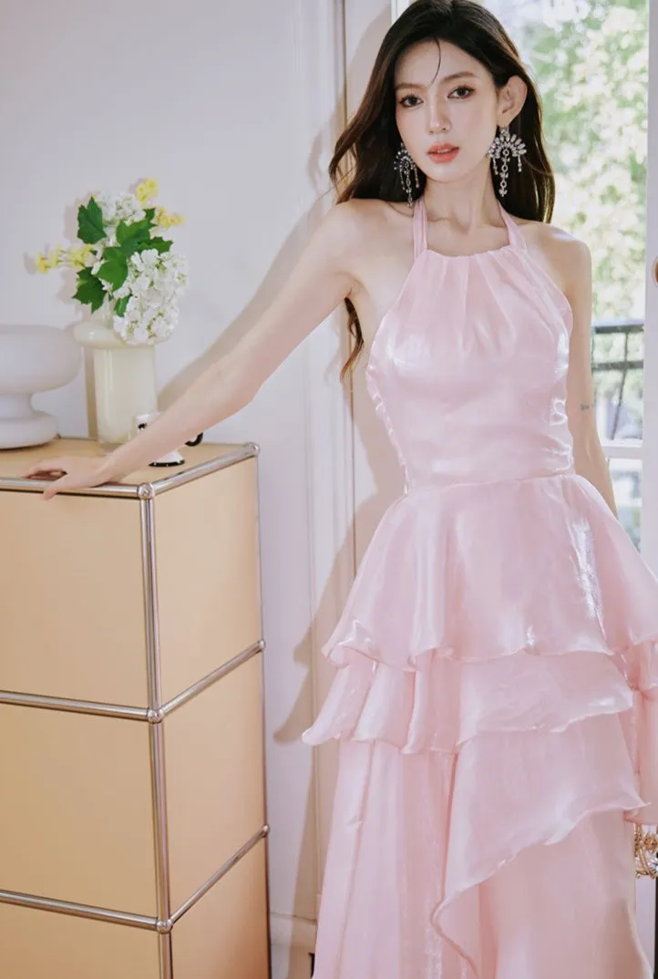 DOLLY Elegant Pink Ruffle Backless Sleeveless Long Halter Neck Banquet Dress-SHANTEL
