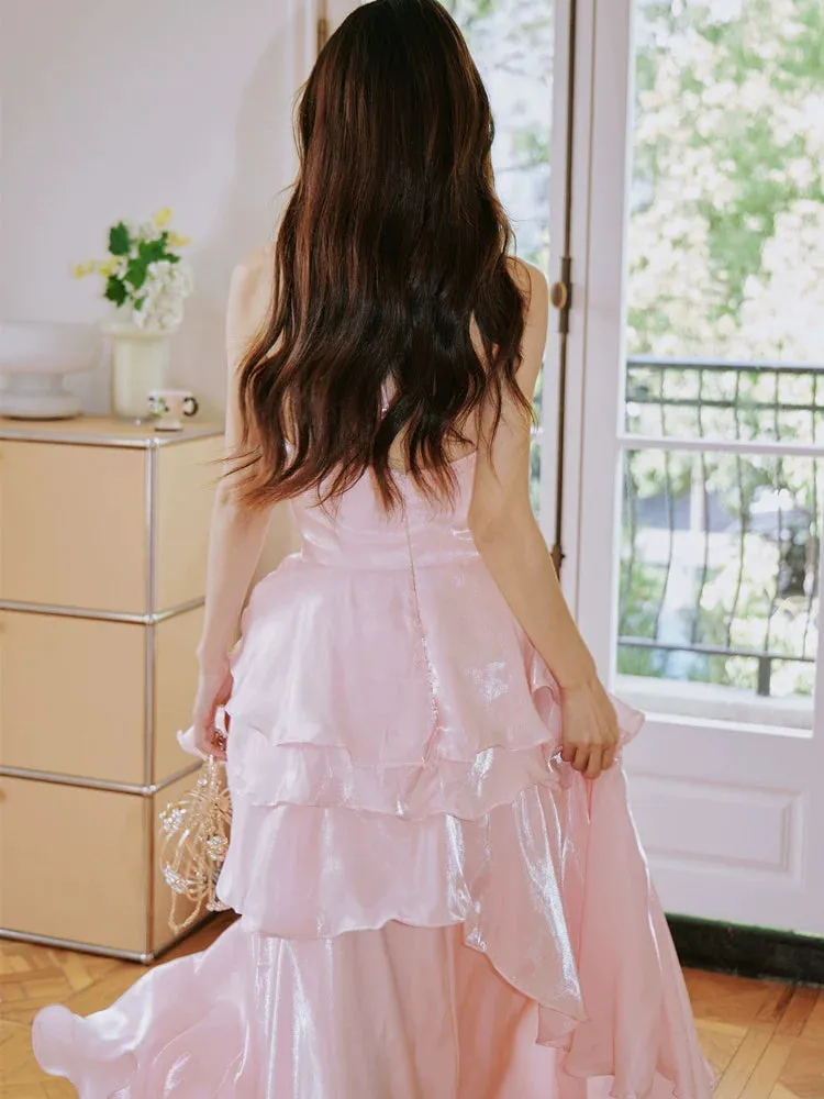 DOLLY Elegant Pink Ruffle Backless Sleeveless Long Halter Neck Banquet Dress-SHANTEL
