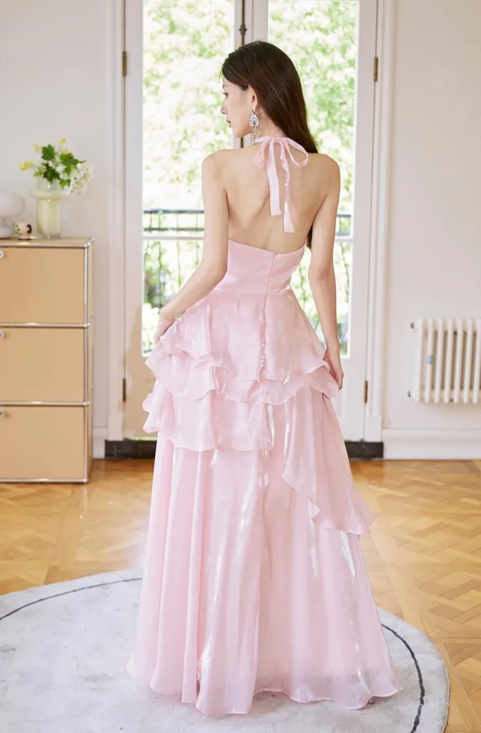 DOLLY Elegant Pink Ruffle Backless Sleeveless Long Halter Neck Banquet Dress-SHANTEL