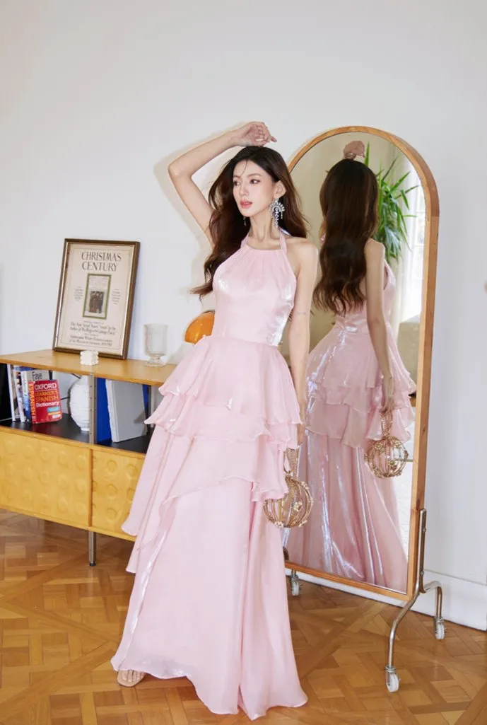 DOLLY Elegant Pink Ruffle Backless Sleeveless Long Halter Neck Banquet Dress-SHANTEL