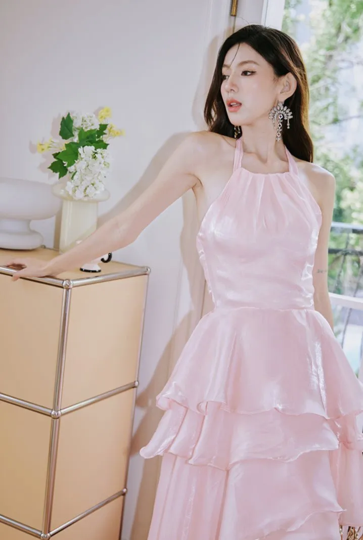 DOLLY Elegant Pink Ruffle Backless Sleeveless Long Halter Neck Banquet Dress-SHANTEL