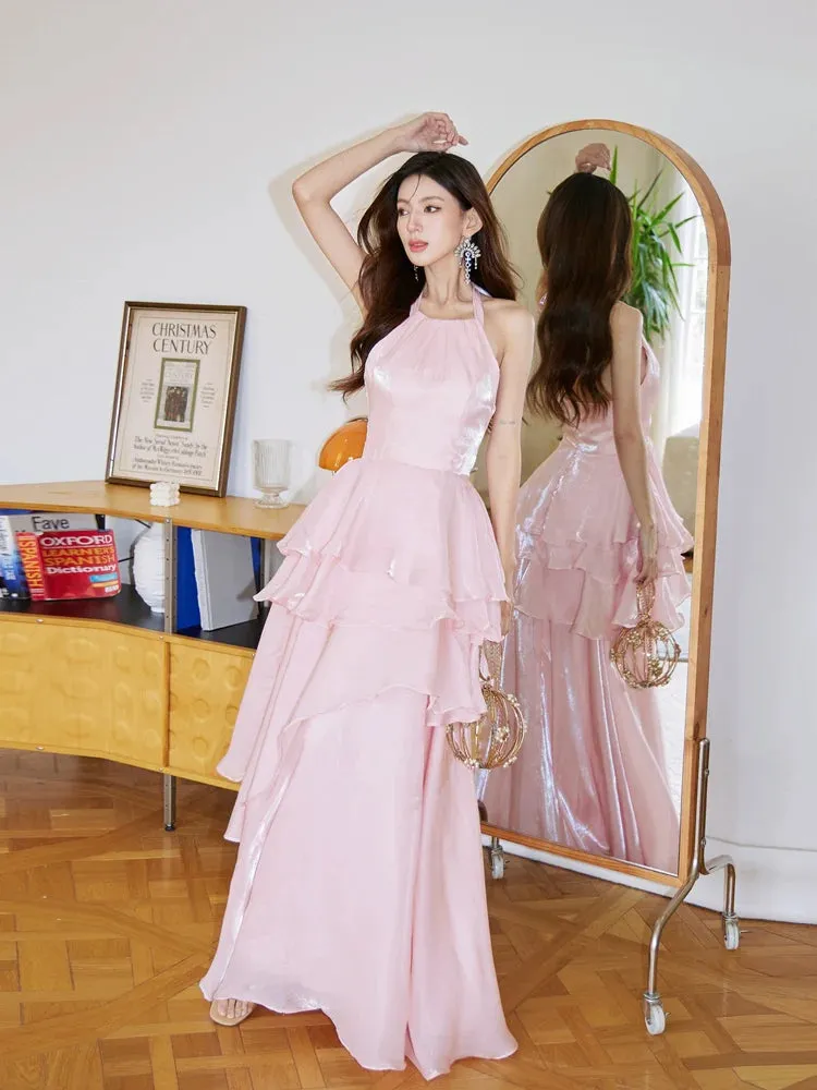 DOLLY Elegant Pink Ruffle Backless Sleeveless Long Halter Neck Banquet Dress-SHANTEL