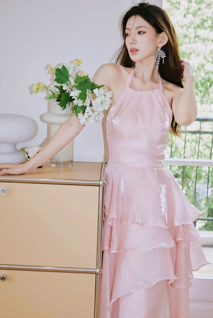 DOLLY Elegant Pink Ruffle Backless Sleeveless Long Halter Neck Banquet Dress-SHANTEL