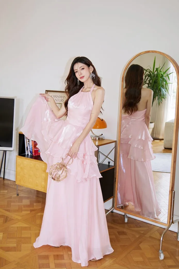 DOLLY Elegant Pink Ruffle Backless Sleeveless Long Halter Neck Banquet Dress-SHANTEL