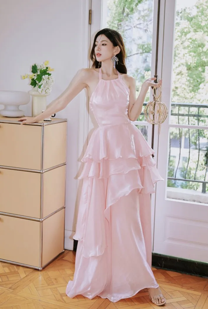 DOLLY Elegant Pink Ruffle Backless Sleeveless Long Halter Neck Banquet Dress-SHANTEL