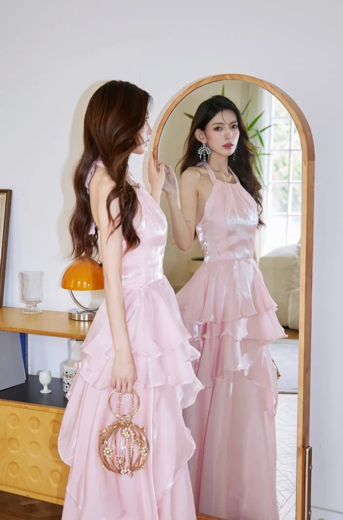 DOLLY Elegant Pink Ruffle Backless Sleeveless Long Halter Neck Banquet Dress-SHANTEL