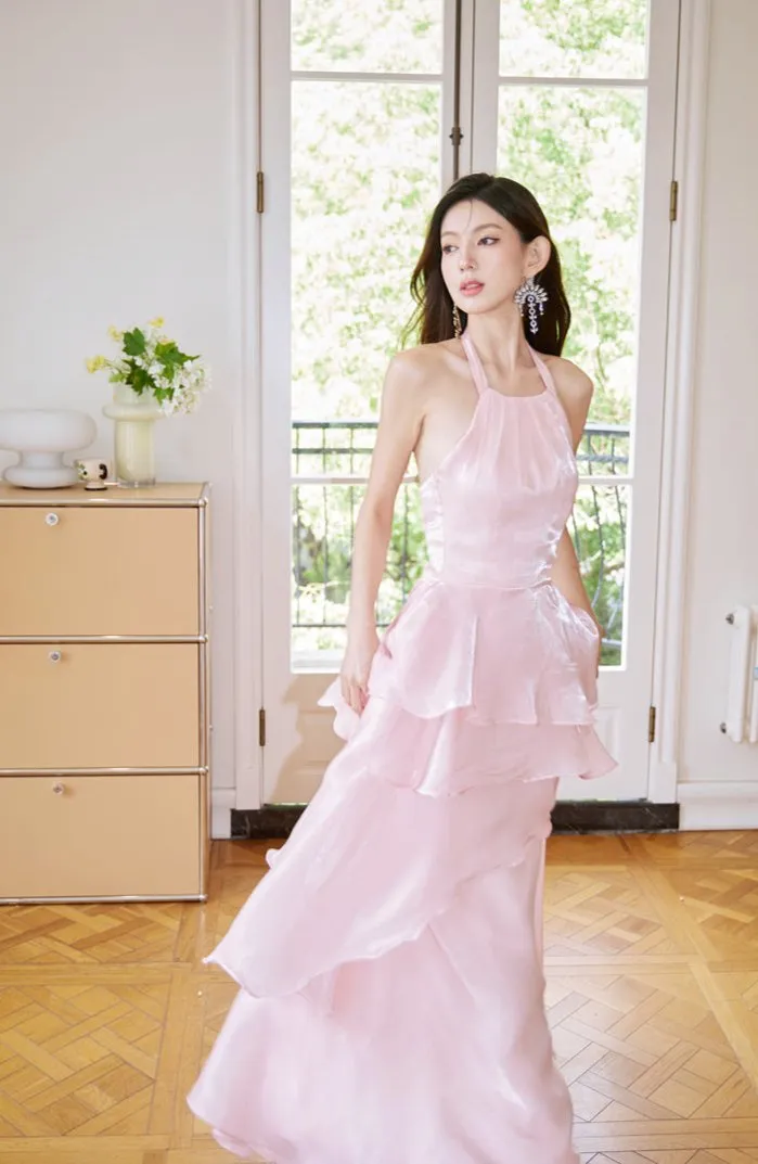 DOLLY Elegant Pink Ruffle Backless Sleeveless Long Halter Neck Banquet Dress-SHANTEL