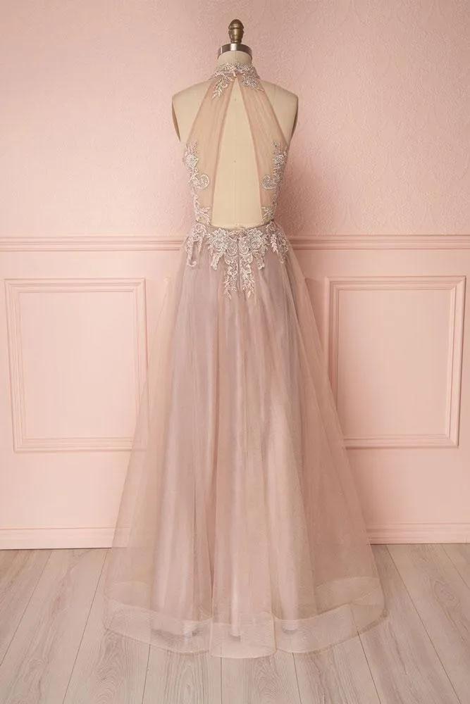Fashion A-Line High Neck Sleeveless Long Backless Prom/Evening Dress With Appliques