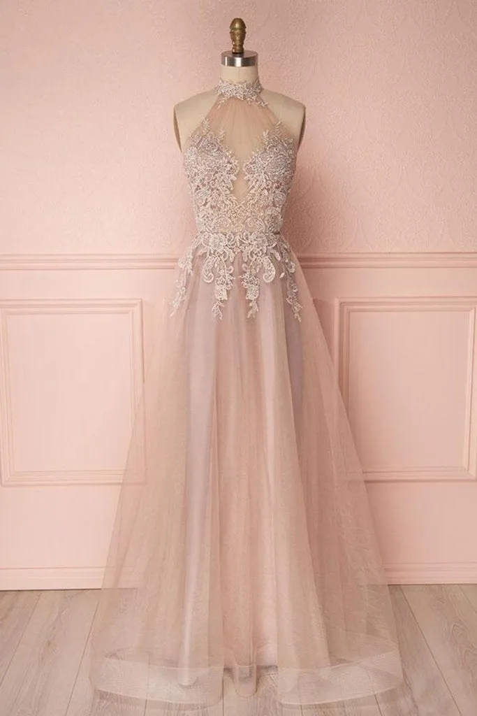 Fashion A-Line High Neck Sleeveless Long Backless Prom/Evening Dress With Appliques