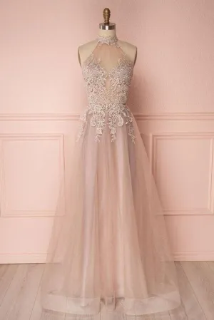 Fashion A-Line High Neck Sleeveless Long Backless Prom/Evening Dress With Appliques