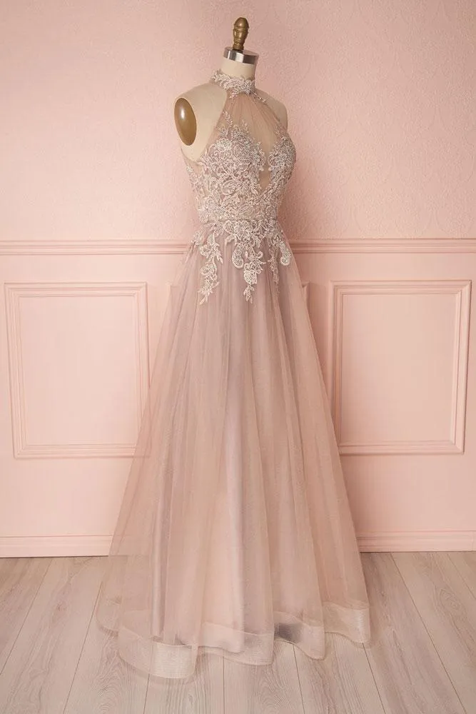 Fashion A-Line High Neck Sleeveless Long Backless Prom/Evening Dress With Appliques