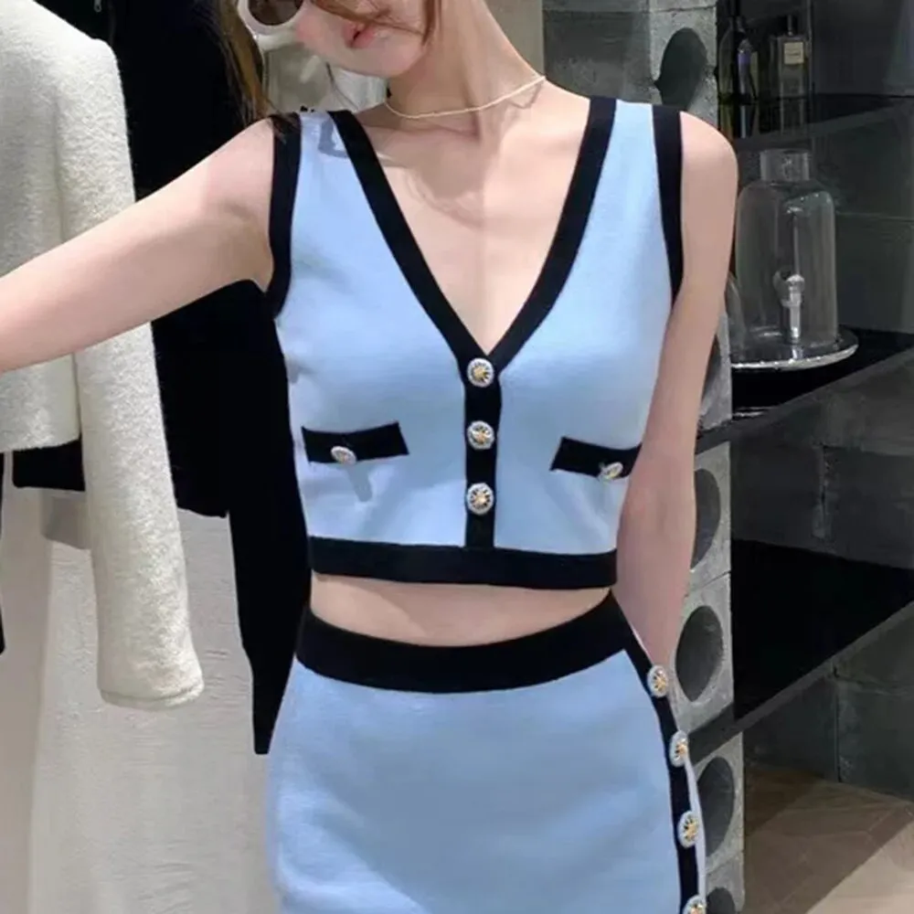 Hit Color Tank Tops For Women V Neck Sleeveless Patchwork Button Summer Vest Female Fashion Style Clothing