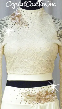 Ivory Lace Top & Long Skirt with Attached Booty Shorts - Swarovski Rhinestones