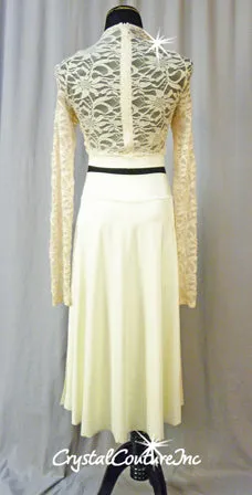 Ivory Lace Top & Long Skirt with Attached Booty Shorts - Swarovski Rhinestones