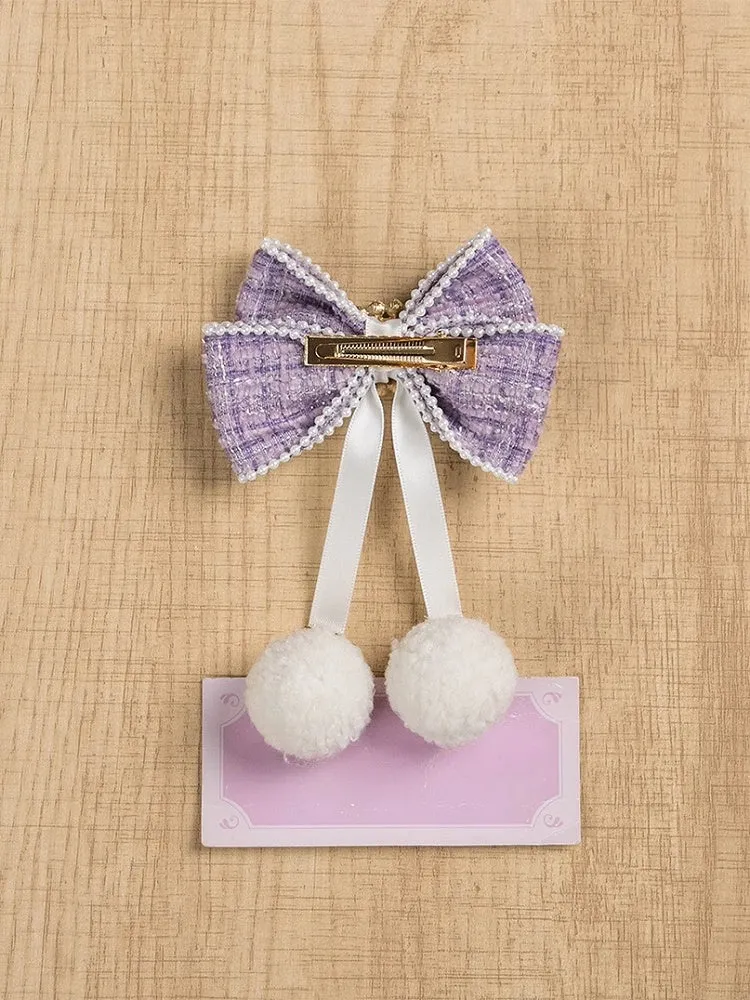 Jirai Kei Pompoms and Rhinestone Adorned Beaded Tweed Bowknot Hairclip
