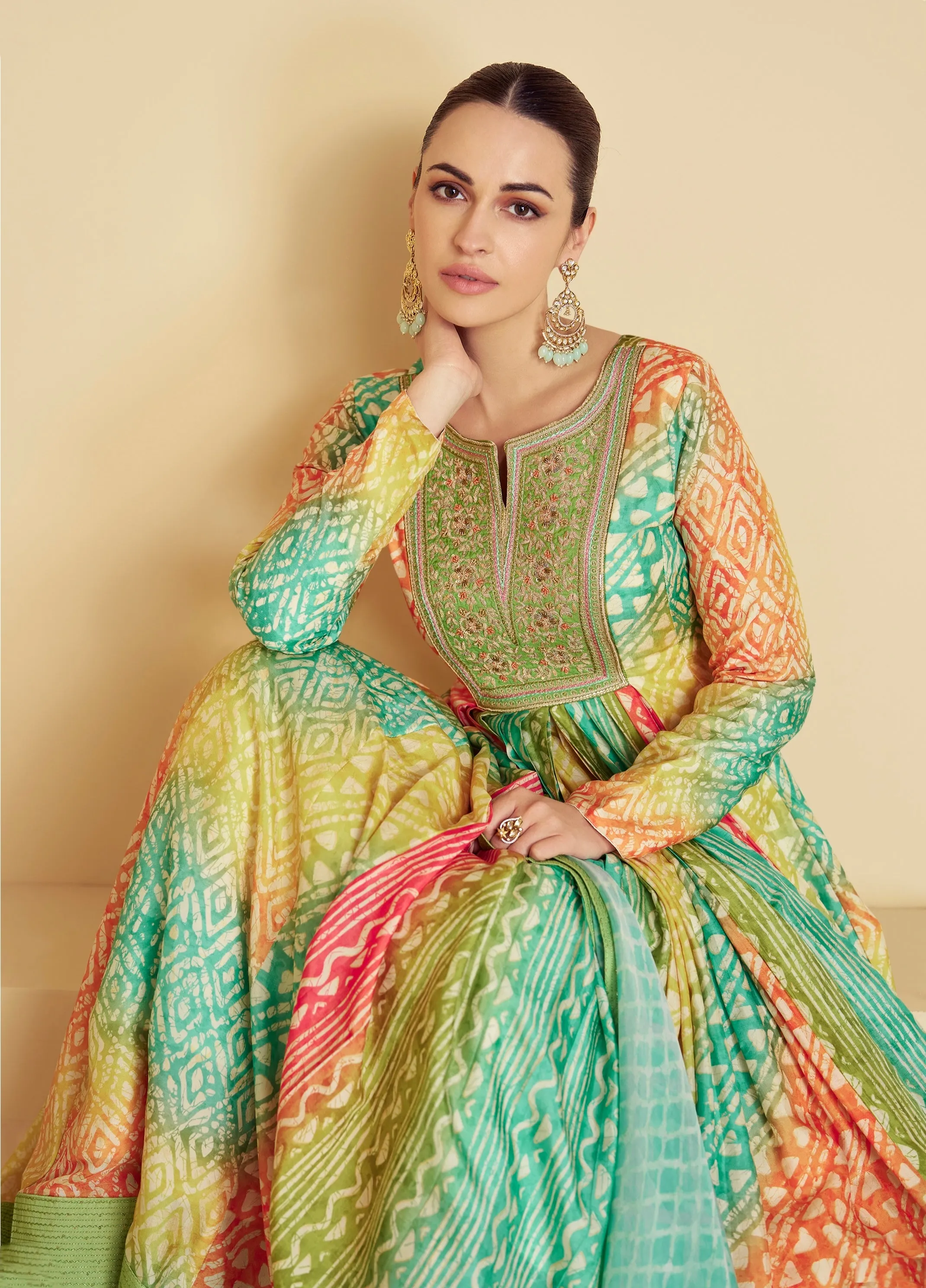 Mint Green & Yellow Real Muslin Anarkali Suit with Digital Print