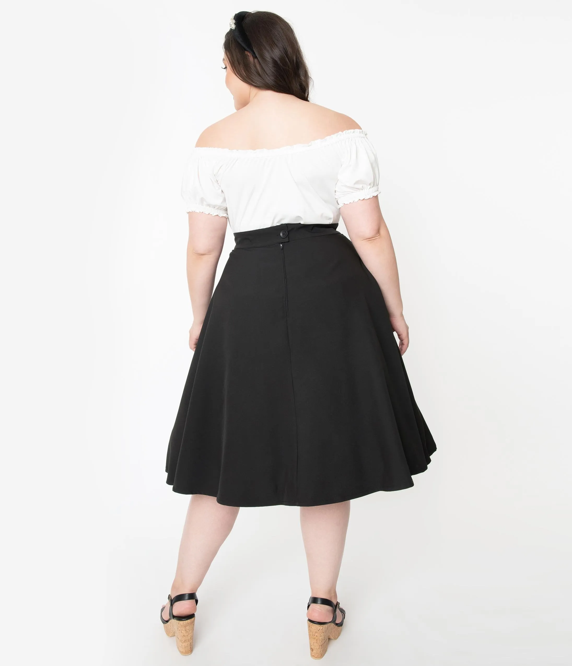 Unique Vintage Plus Size 1950s Black Embroidered Steffi Swing Skirt