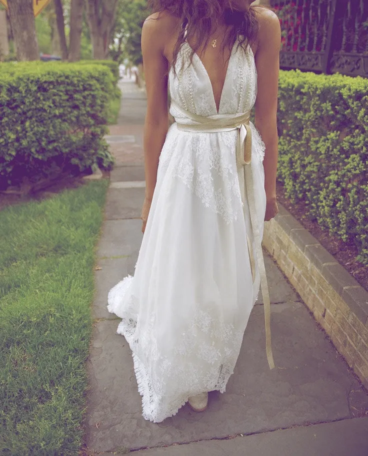 Vintage Wedding Dress,Lace Backless Wedding Dress,Ivory Informal Wedding Dress,Pearl Beaded Bridal Gowns,Beach Wedding Dress,Custom Prom Wedding Dress